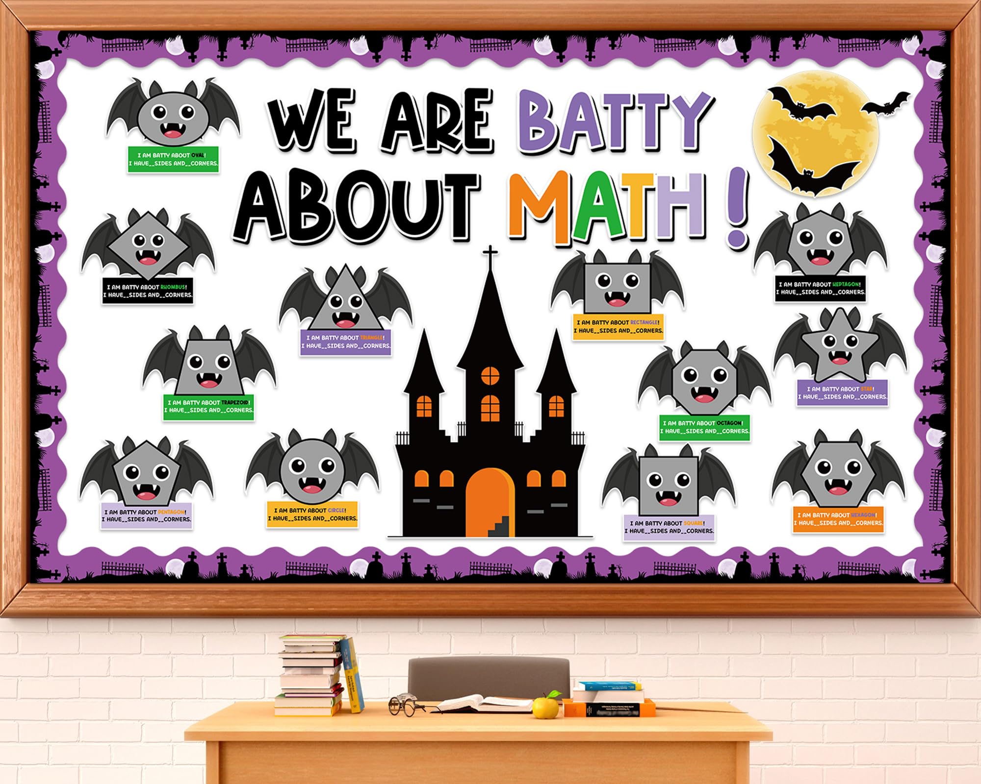 Halloween Bat Themed Bulletin Board Set Shapes Learning Classroom Decorations We are Batty About Math Bats Paper Cutouts for Halloween Fall School Home Library Chalkboard Wall Door Supplies