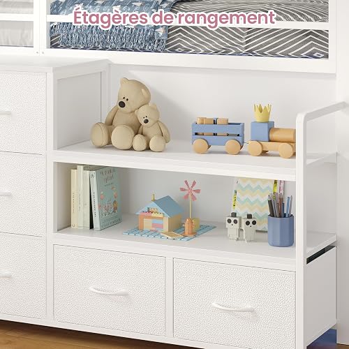 Letto a Soppalco per Bambini con Scaffale Aperto & Cassapanca Portagiochi, Letto Bambino con 5 Cassetti, Illuminazione LED RGB Integrata, Sponda di Sicurezza Alta 13",Area Giochi sotto il Letto,Bianco - 7
