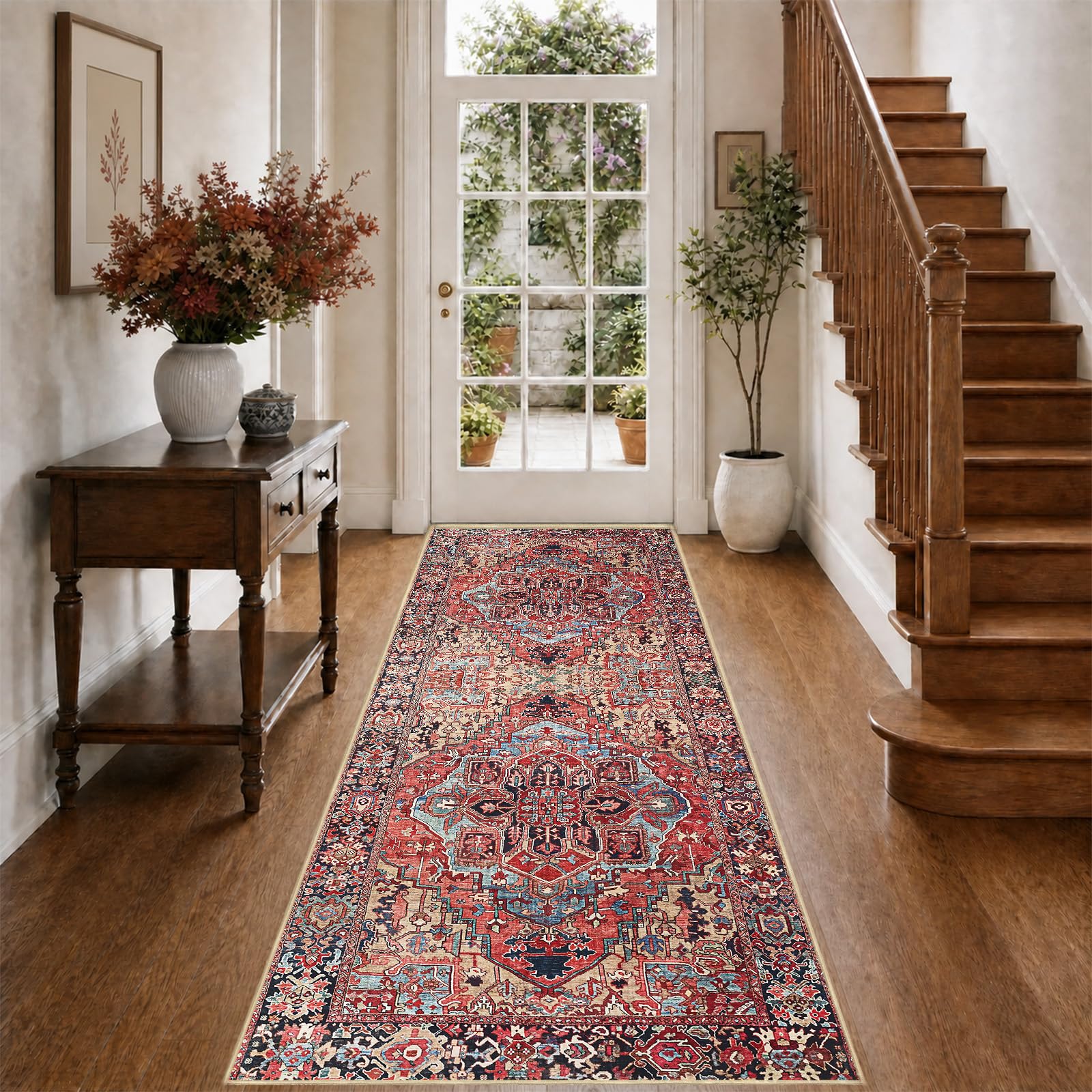 WUTONG Red Oriental Hallway Runner Rug 80 x 200 cm, Washable Vintage Soft