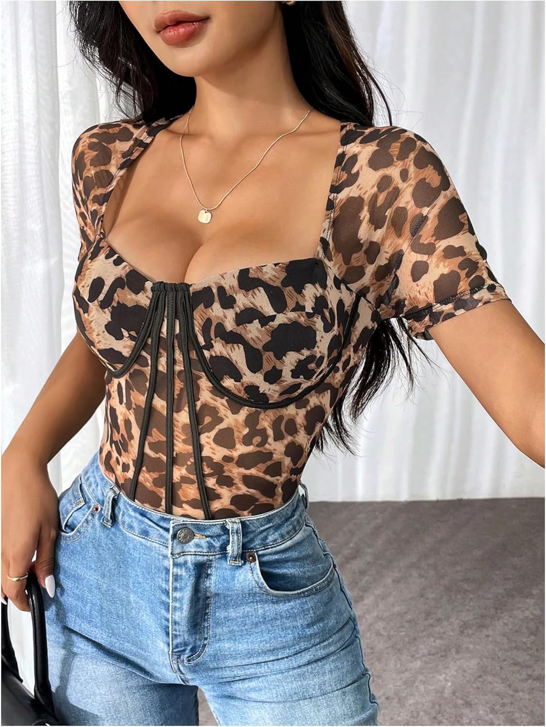 SweatyRocks Women's Leopard Print Mesh Corset Bodysuit Sheer Short Sleeve Going Out Leotard Tops - Image 3