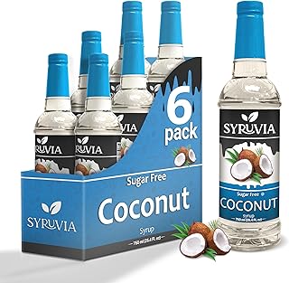 Sugar-Free Coconut Syrup by Syruvia 6-Pack, 25.4 fl oz, Wholesale Coffee Syrup Shops, Cafes, Baristas, Bistros, & Beverage Bars, Bulk Kosher & Gluten-Free