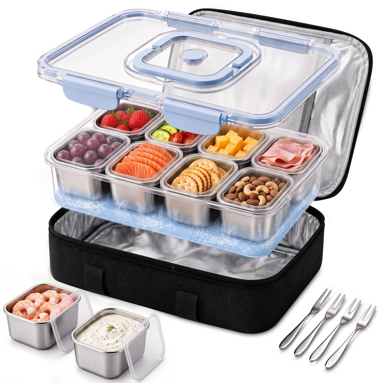 Snackbox mit 8 Fächern Edelstahl, Kühlakku, Isoliertasche & 4 Gabeln | Spülmaschinenfest & tragbar / Einzeln herausnehmbare Becher mit Deckeln / Für Kinder Sport, Roadtrips, Strand & Picknick