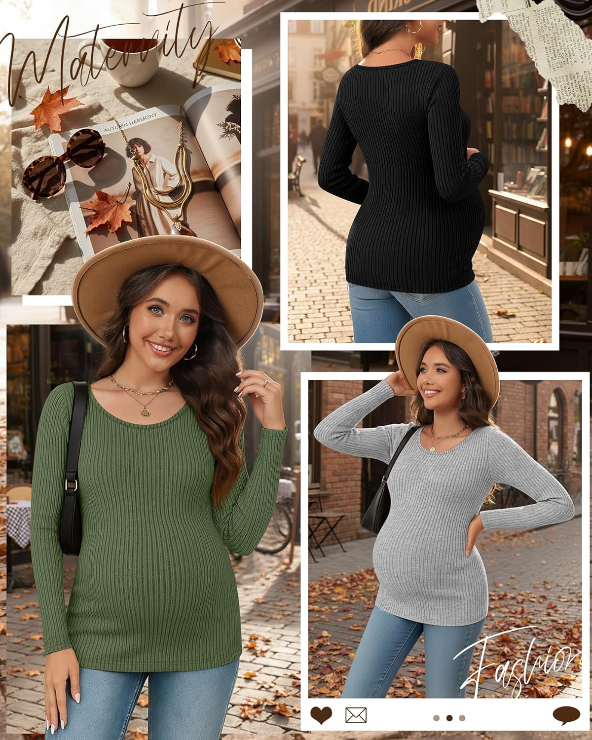 3 Pack Women's Maternity Shirts Long Sleeve Ribbed Round Neck Pregnancy Tops Casual Basic Tee Maternity Clothes - Image 3