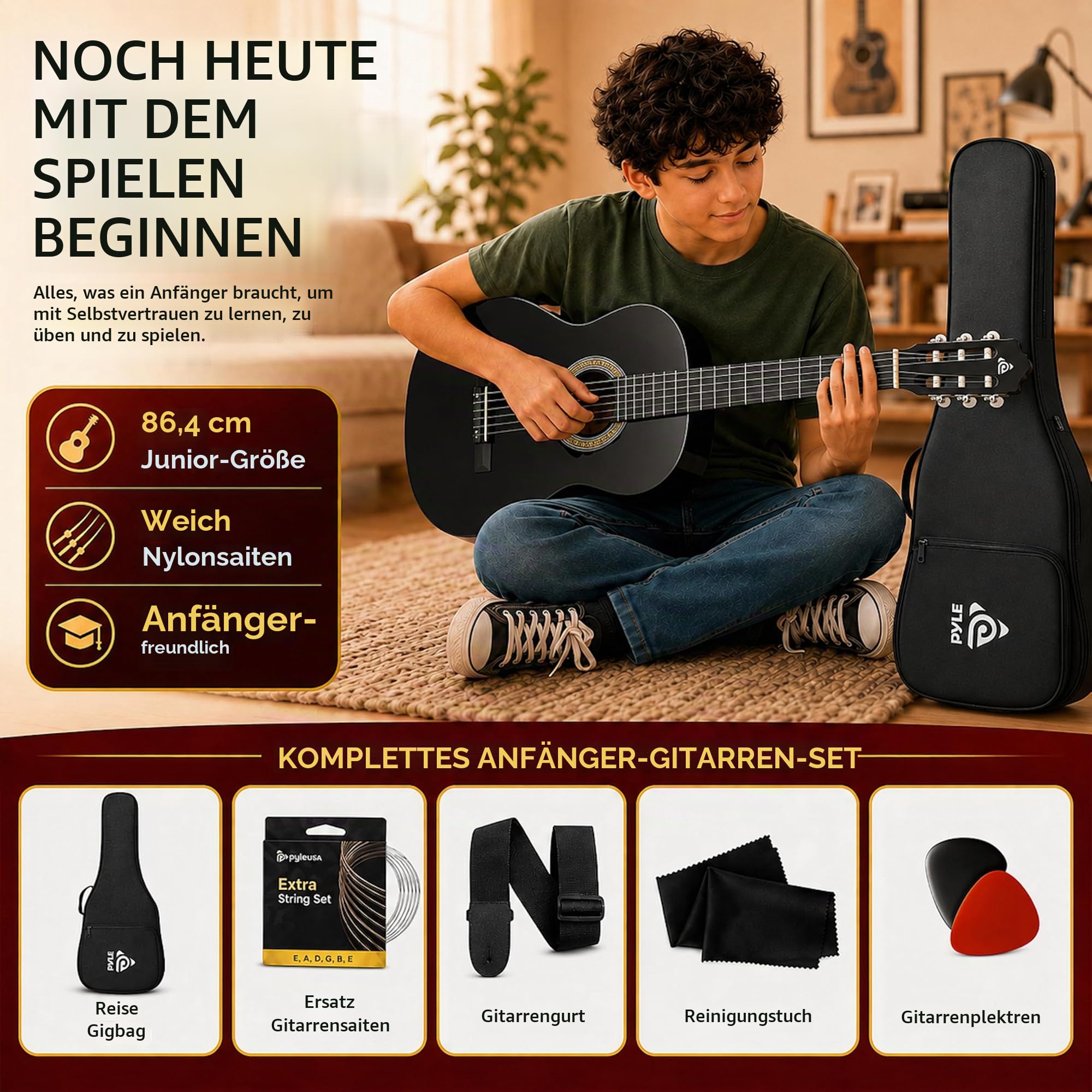 Pyle Konzertgitarre, Rechtshändig, 1/2 Größe, Schwarz