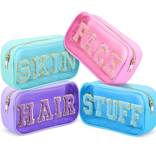 Miniatura 6 de Juego de 4 bolsas de cosméticos de felpilla con letras de nailon, PVC, transparente, impermeable, bolsa de maquillaje, con parche preparado, bolsa