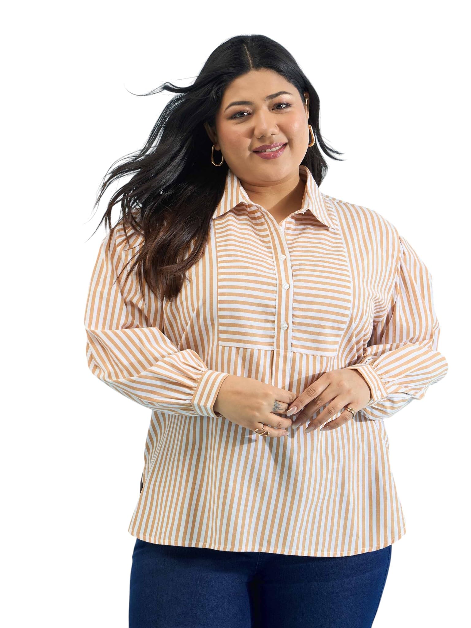 SASSAFRAS Women's Plus Size Stripes Front Yoke Detail Regular Shirt in neutral
