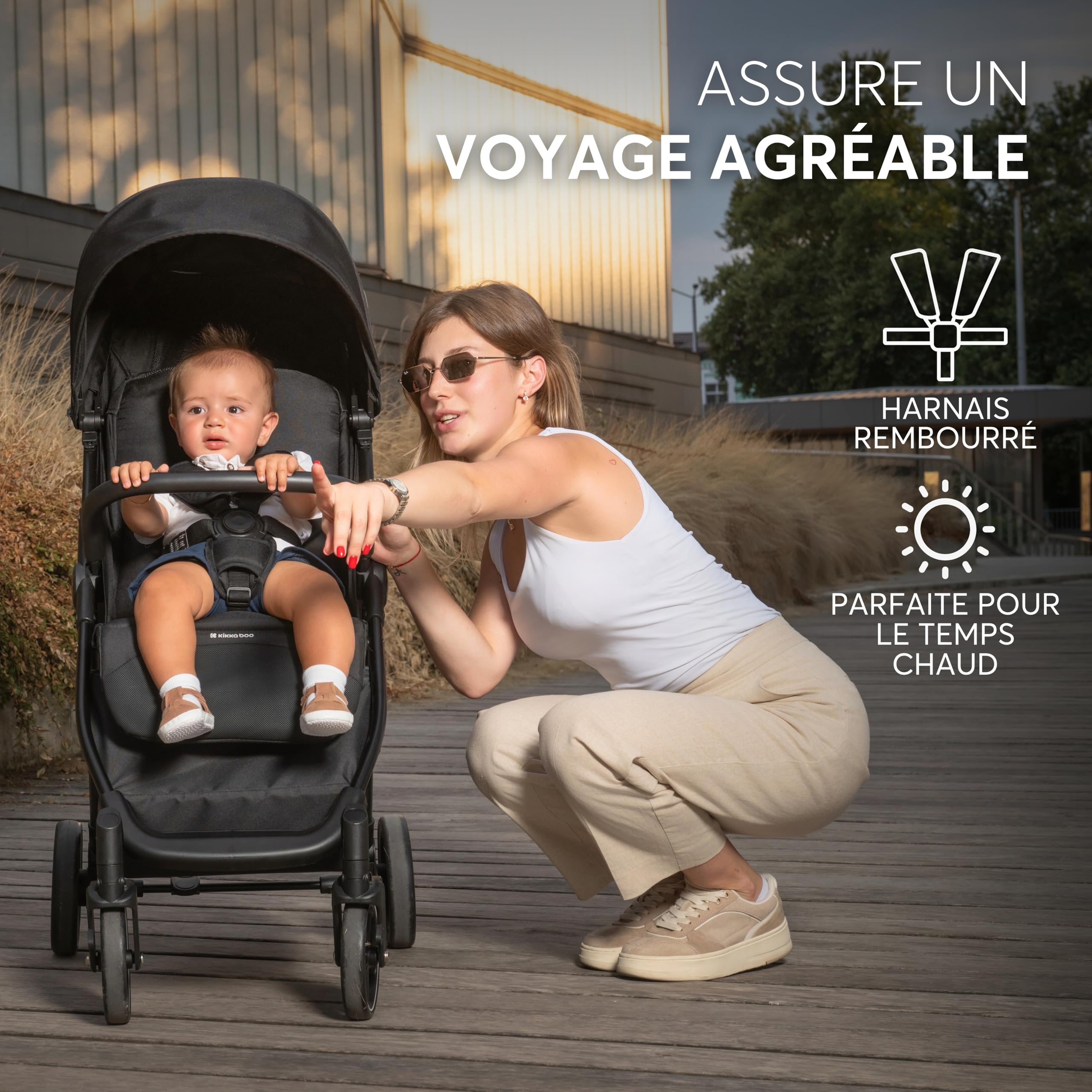 Poussette KikkaBoo ALEXA, poussette bébé jusqu'à 22 kg, légère, compacte, pliable d'une seule main, dossier inclinable, repose-pieds réglable, harnais à 5 points, Noir