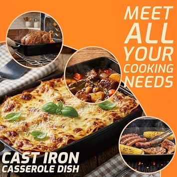 2-in-1 Pre-Seasoned Cast Iron Casserole Dish with Lid, Rectangular Dutch Oven, Cast Iron Roasting Pan&Baking Dish for Lasagna, Sourdough Bread, 13x9