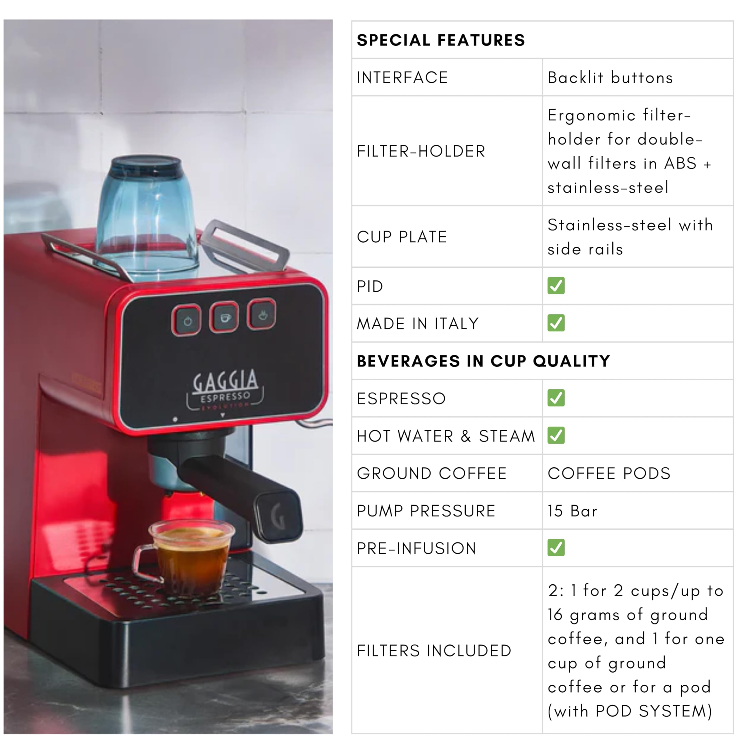 Gaggia Espresso Evolution Red | PID Kesseltemperaturregler | Kaffeemaschine Made in Italy | Automatische Vorbrühautomatik | Siebträger 53 mm | Espressomaschine mit Pumpe | Amerikanisch