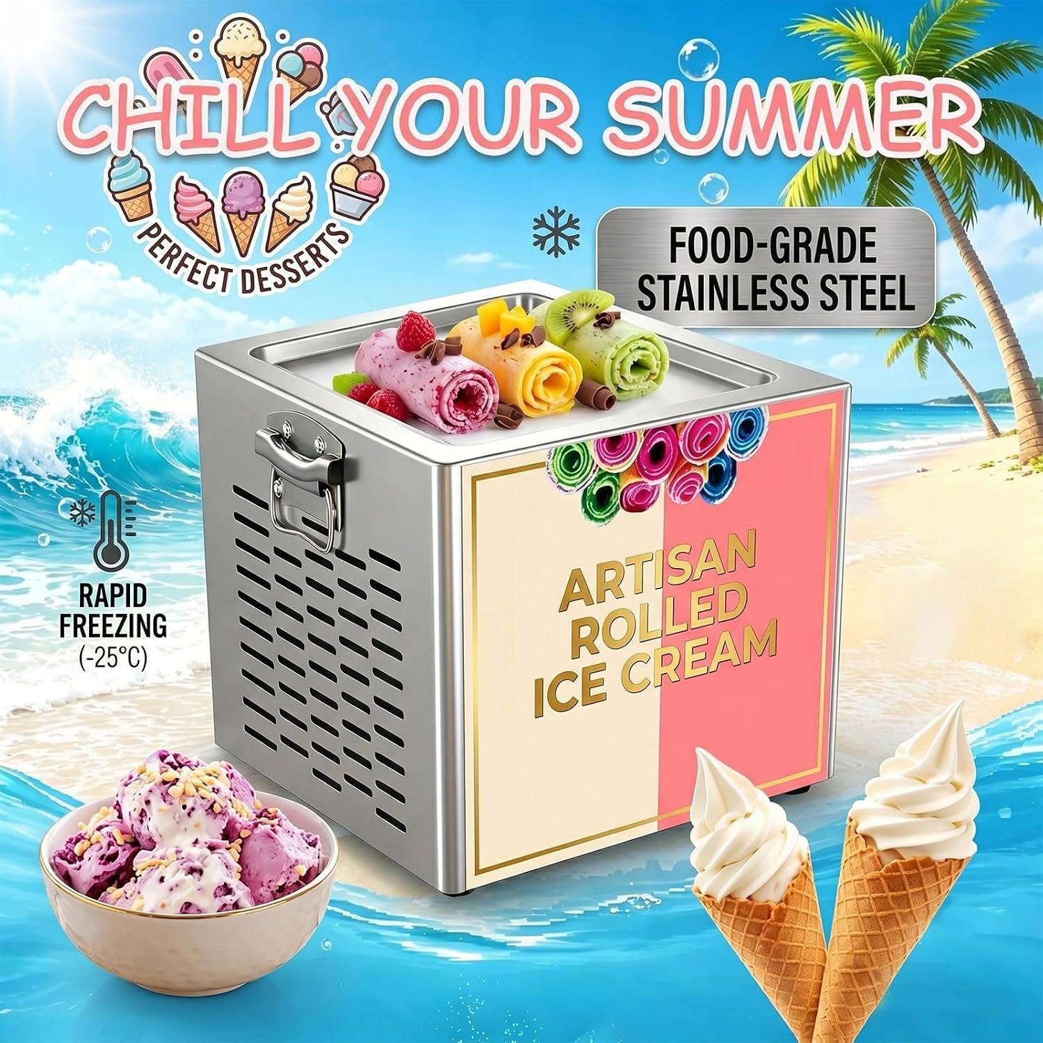 Máquina para Hacer Helado Enrollado de Acero Inoxidable de 330 W | Diseño de refrigeración con tubo de cobre en forma de anillo, base antideslizante, para el hogar, tienda, 34 × 28 × 30 cm