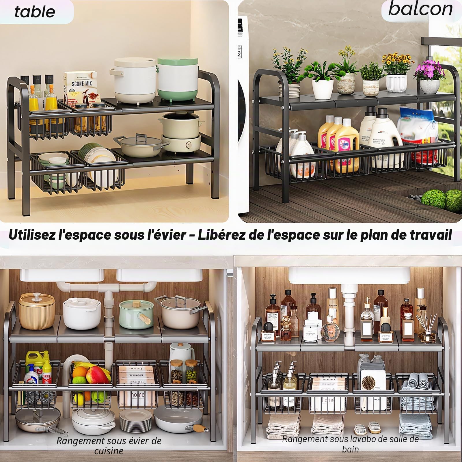 ViWaVee Rangement Sous Evier Extensible 53-93cm Organisateur Cuisine 4 Plateaux 4 Paniers Hauteur Réglable 5cm