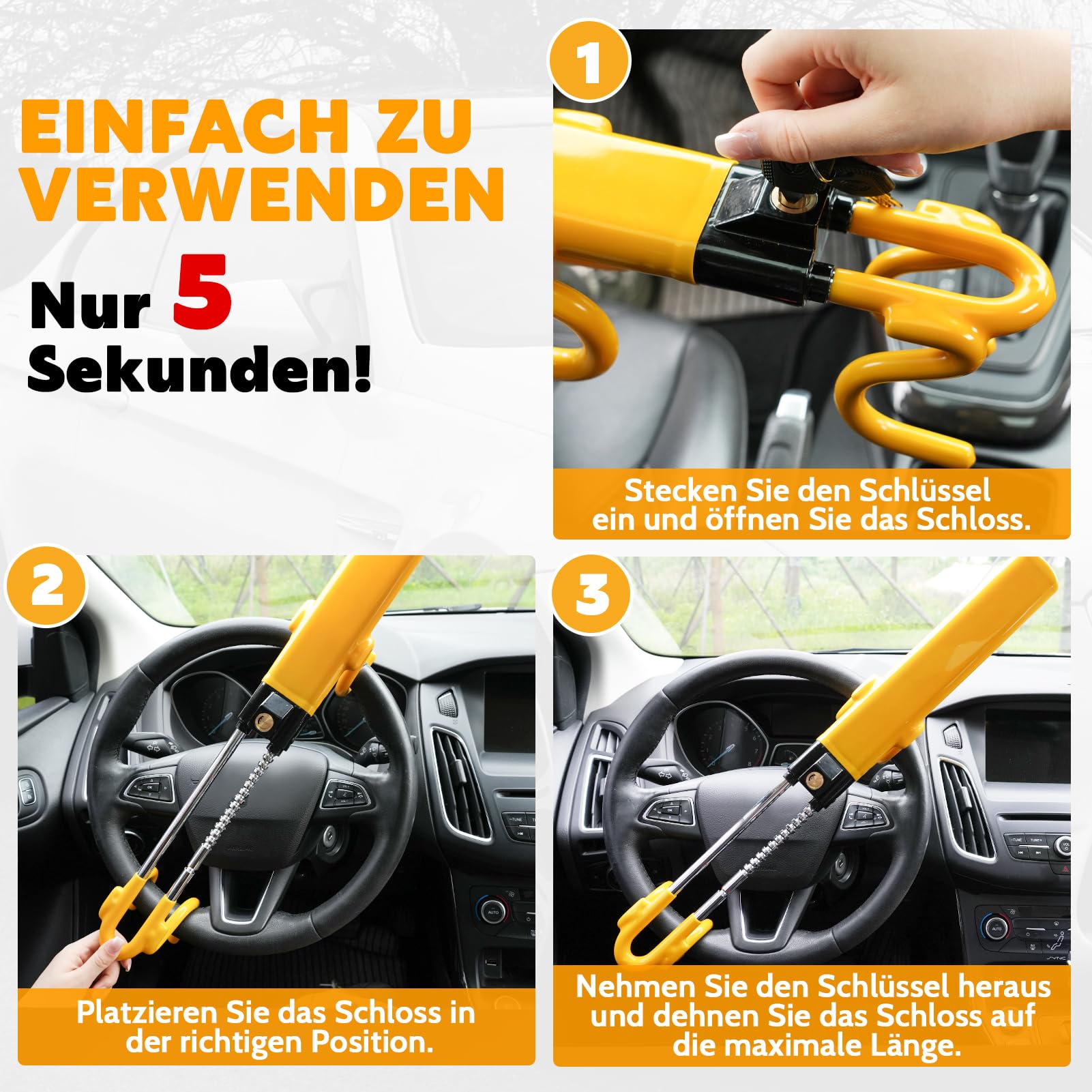 Tevlaphee Lenkradkralle, Lenkradschloss für Auto, Diebstahlsicherung auto, Strapazierfähig, Universelle Passform, PVC-Schutz, Verstellbar für Autos, SUVs, Wohnmobil, Wohnwagen, 3 Schlüssel(Gelb)