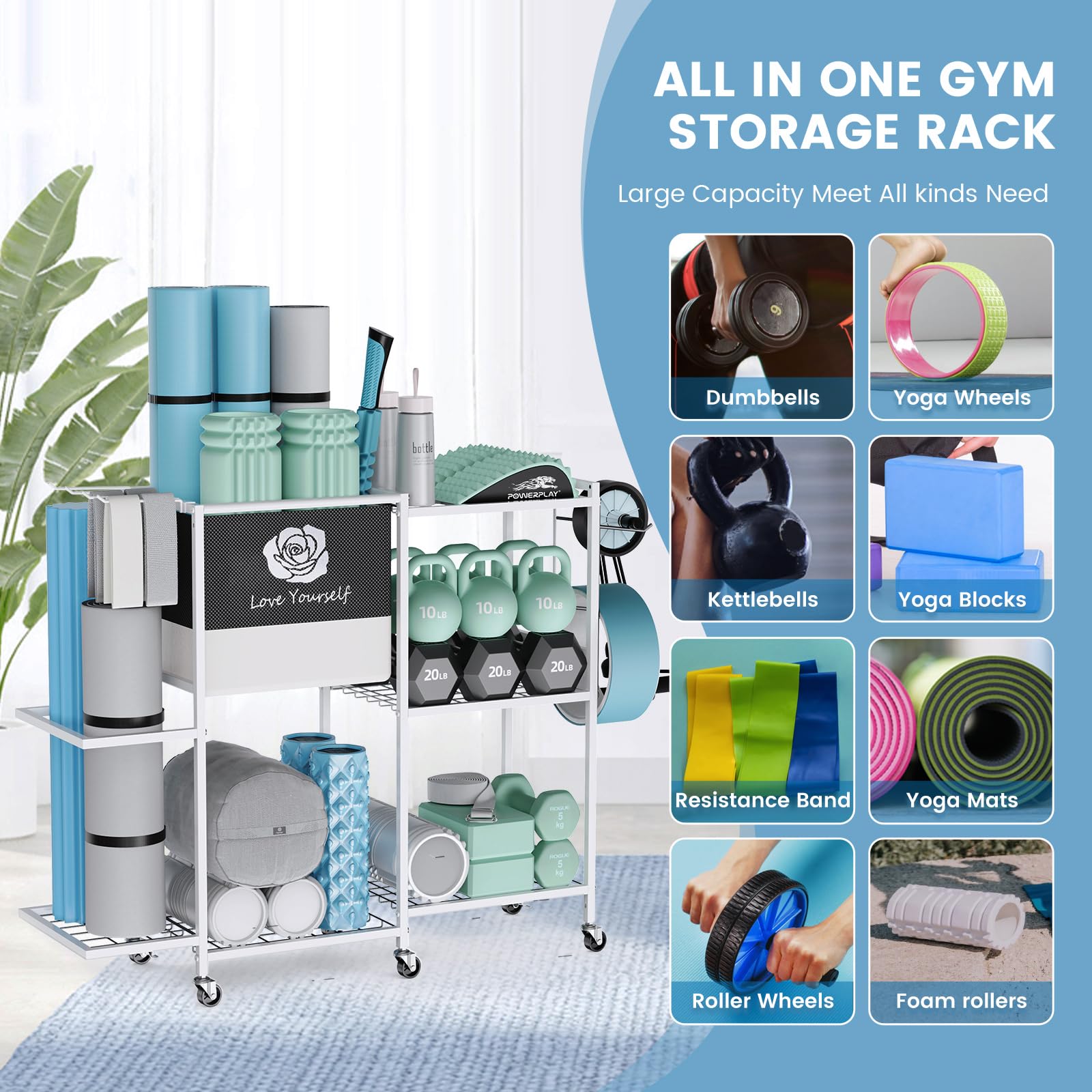 Aufbewahrungsregal für Yogamatte, Heim-Fitnessstudio, Workout-Ausrüstung, Organizer, Fitness-Gewichtsregal auf Rädern für Yogamatte, Yoga-Block, Schaumstoffrolle, Widerstandsband, Hantel, Kugelhantel