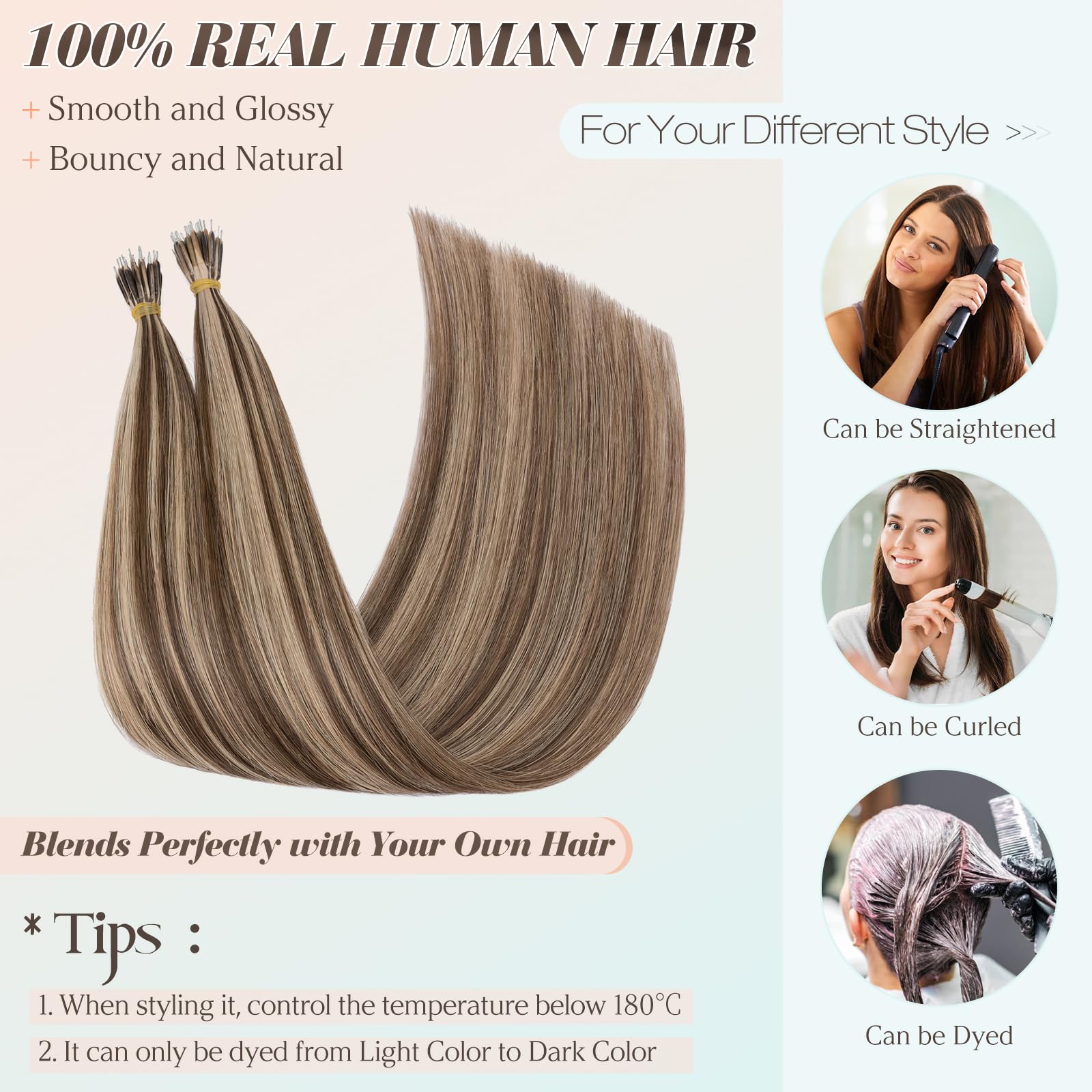 Benehair Nano Ring Hair Extensions Real Human Hair Extensions Nano Straight Remy Invisible 50g/Pack #4/27 Medium Brown Mix Dark Blonde 16 Inches - Image 4