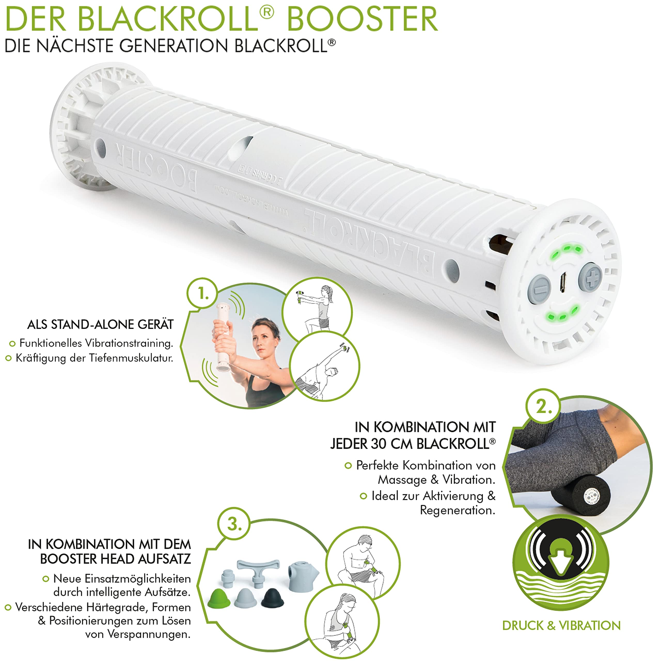 blackroll mit vibration BLACKROLL® BOOSTER, vibrierende Erweiterung für jede unserer 30 cm  Faszienrollen, Faszien-Massagegerät bringt durch Vibration die Muskeln in