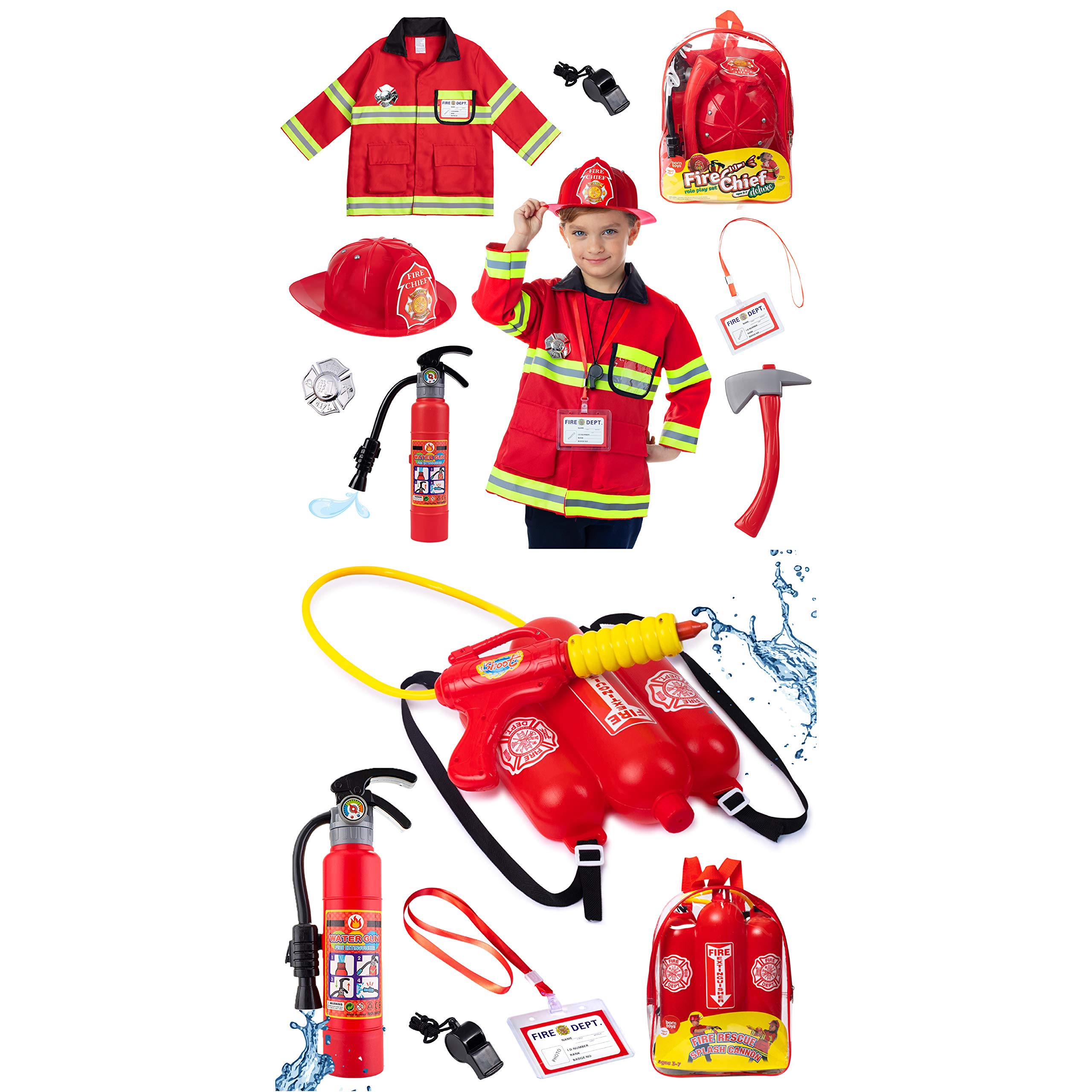 Born Toys Premium Washable Fireman Costumes and Water Shooter Sets