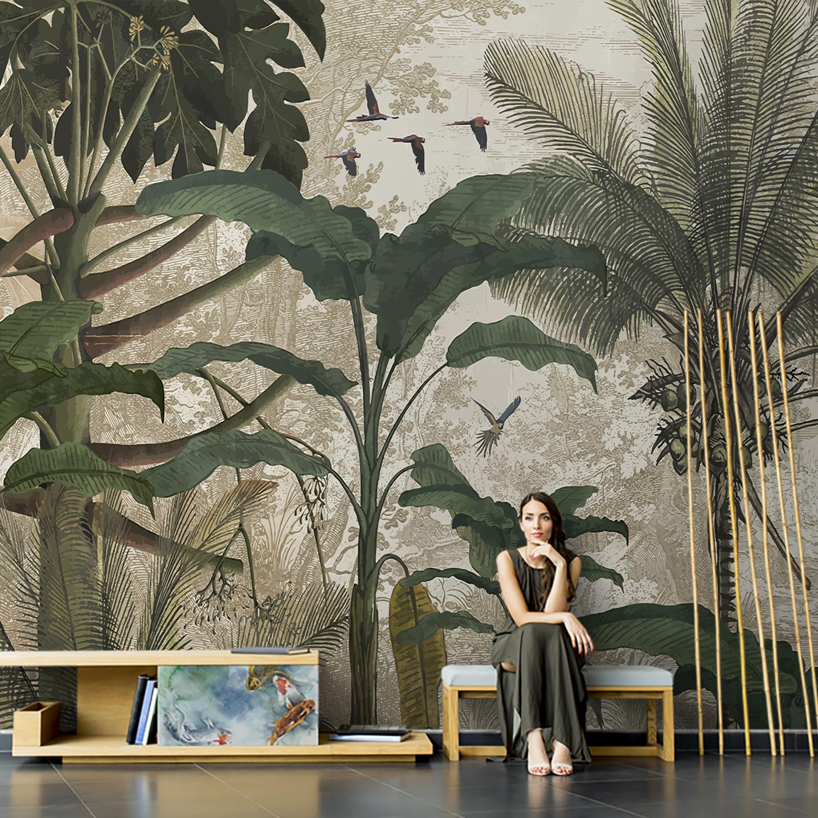 Photo 1 of Self-Adhesive Peel and Stick Wallpaper | Nature-Inspired Botanical Design with Birds | Removable and Easy to Apply | Ideal for Living Room, Bedroom, Office | Eco-Friendly Canvas (A, W160'' x H110'')