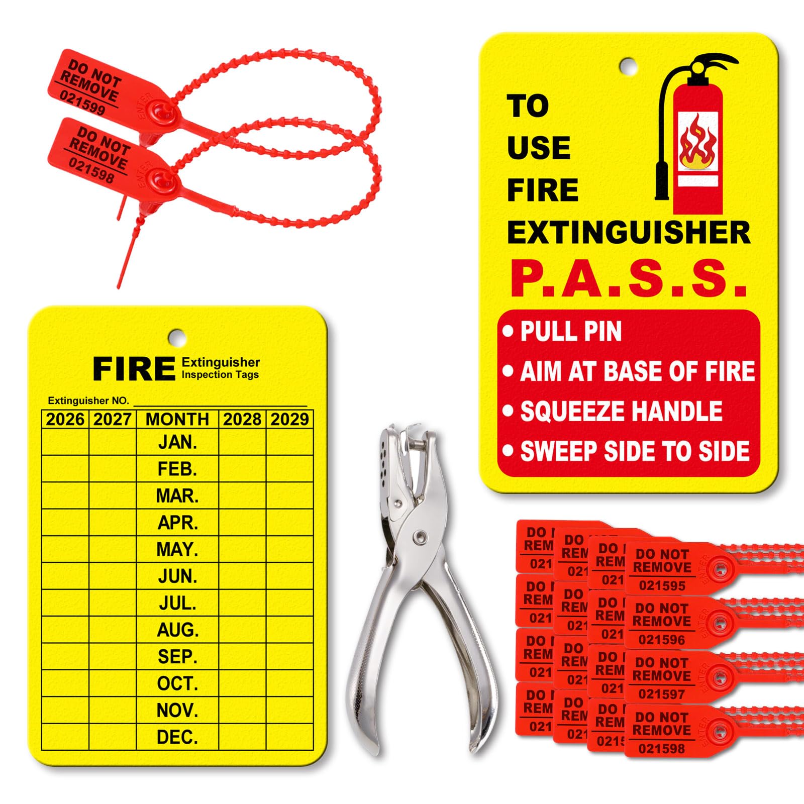 30 Sets Fire Extinguisher Tags Monthly Inspection Tear-Resistant Numbered Plastic Tamper-Evident Cable Ties Easy to Punch Includes Handheld Hole Puncher- Red
