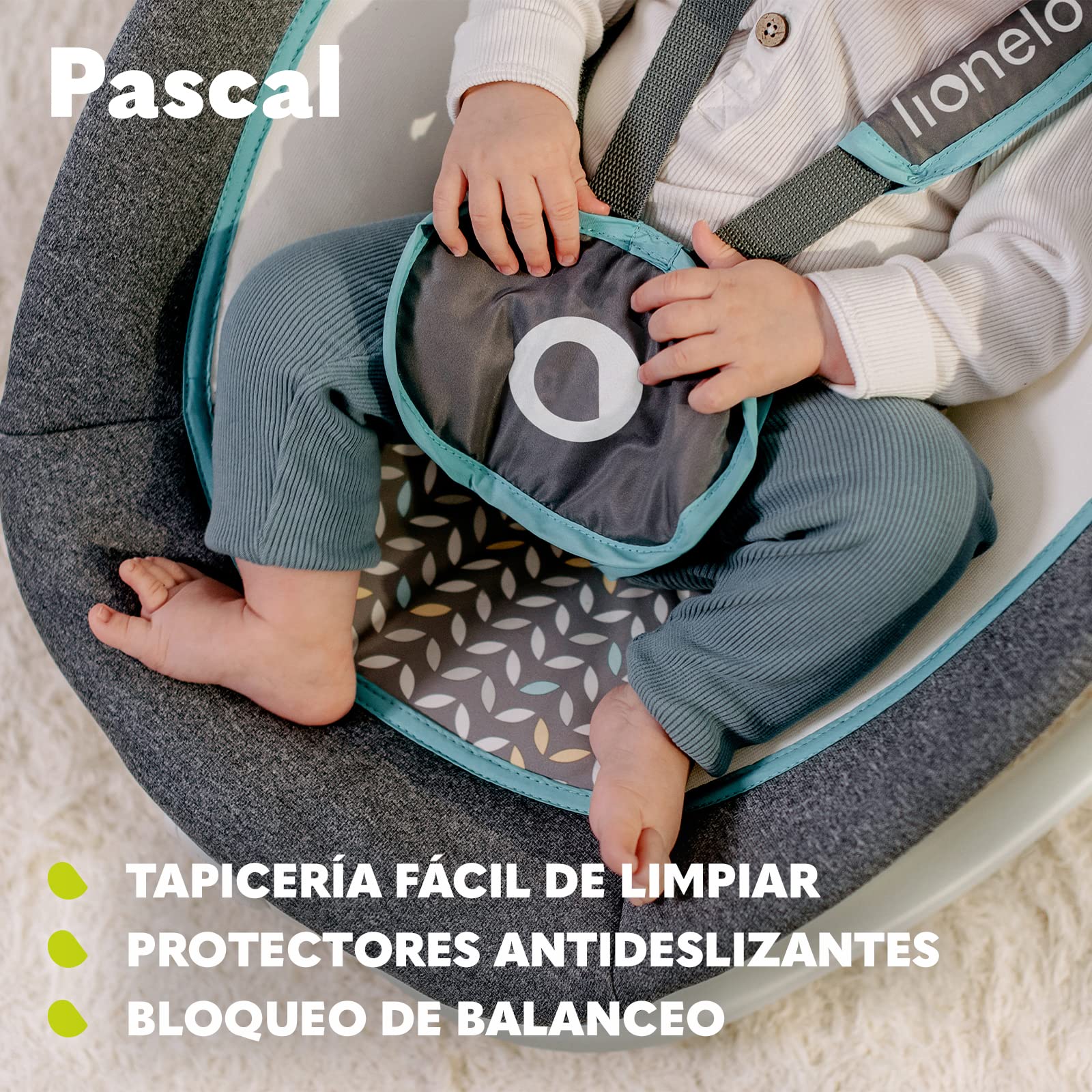 LIONELO Pascal baby bouncer delicadas vibraciones 12 melodías incorporadas con control de volumen ajuste del respaldo barra de juguetes interactivos plegable a tamaño compacto (Grey Scandi)