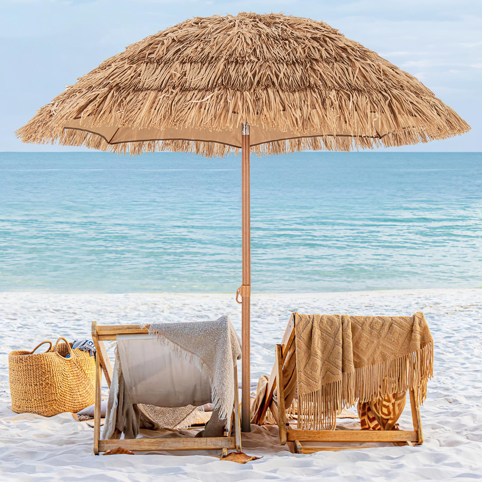 GYMAX Ombrellone Paglia PE 2,7 M, a 9 Strati, Inclinazione a 35°, Doppio Top, Struttura Stabile in Metallo e Antivento, Adatto Spiaggia, Giardino, Terrazza, Hawaiano