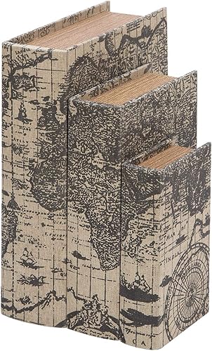 Deco 79 Caja decorativa de madera con forma de libro de almacenamiento con tapa de mapa del mundo, juego de 3 cajas decorativas de recuerdo de 15