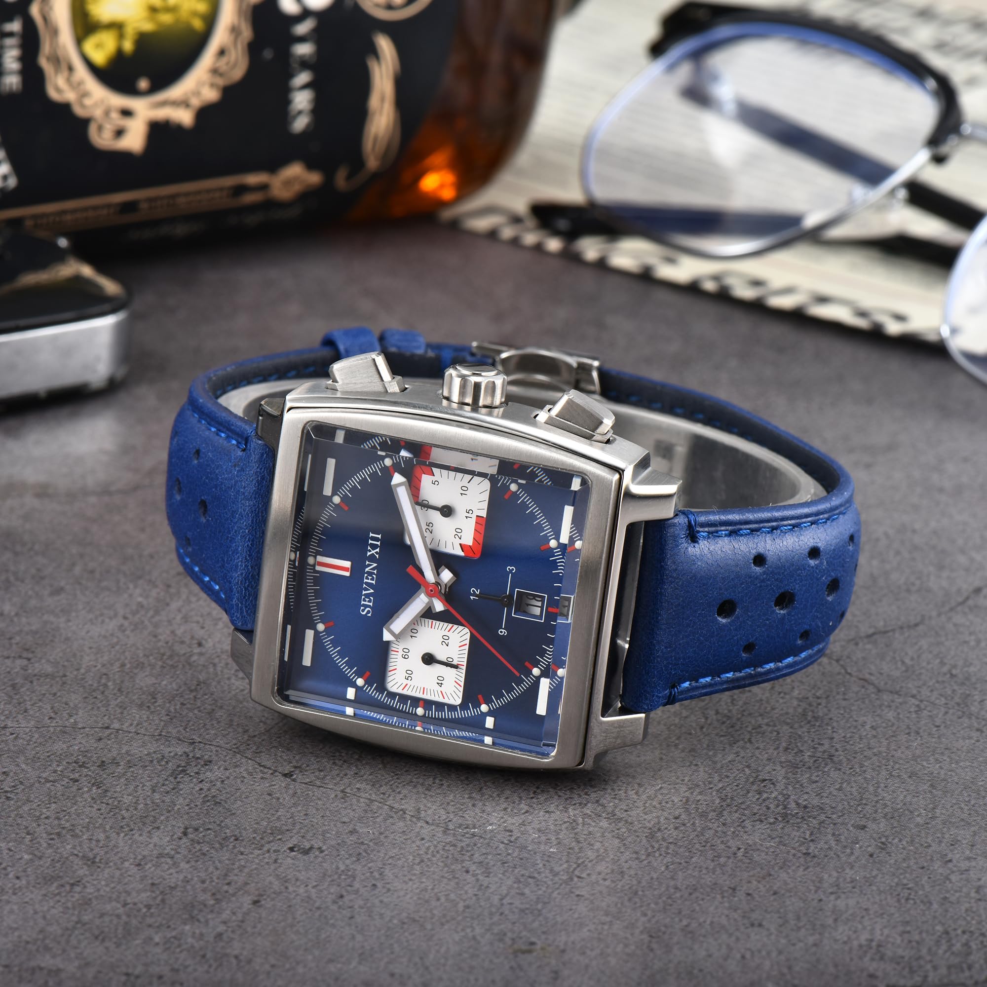 Quadratische Automatik-Chronograph-Uhr für Herren, selbstaufziehend, Saphirglas, Business, klassisch, leuchtend, Sport-Armbanduhr mit Lederband, S003