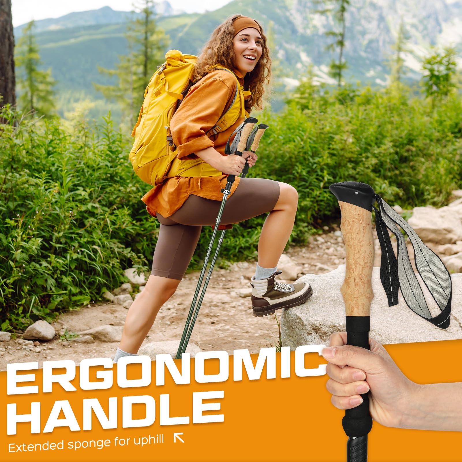 COVACURE Bastones de senderismo con puntas antigolpes, ligeros y plegables para senderos de nieve y escaladas de montaña, equipo de senderismo duradero para hombres y mujeres (110-130 cm)