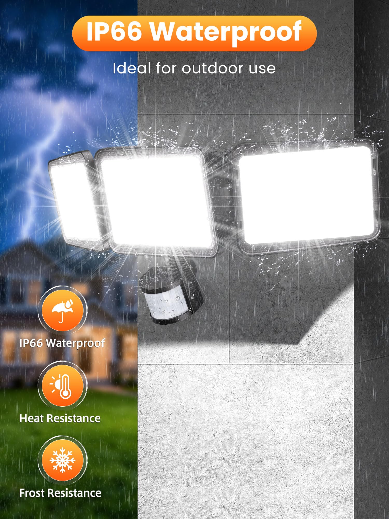 MEIKEE Foco LED con Sensor de Movimiento 70W 6580LM 6500K Blanco Frío Focos Led Exterior con Detector 3 Cabezas Luz de Seguridad Mando a distancia IP66 Impermeable para Jardín Patio Garaje Entrada