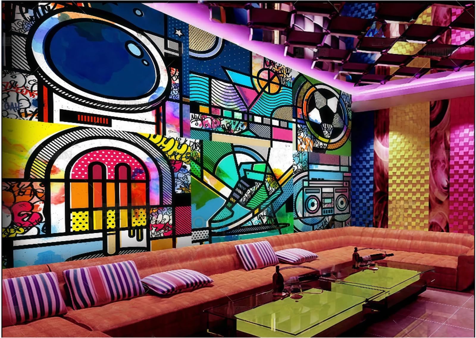 rskjdghshd Wallpaper Retro Hand-Painted Popular Graffiti Music Football Theme Bar Western Restaurant Background Wall Mural Afternoon Tea Coffee Shop Wallpaper,3D,400x280cm