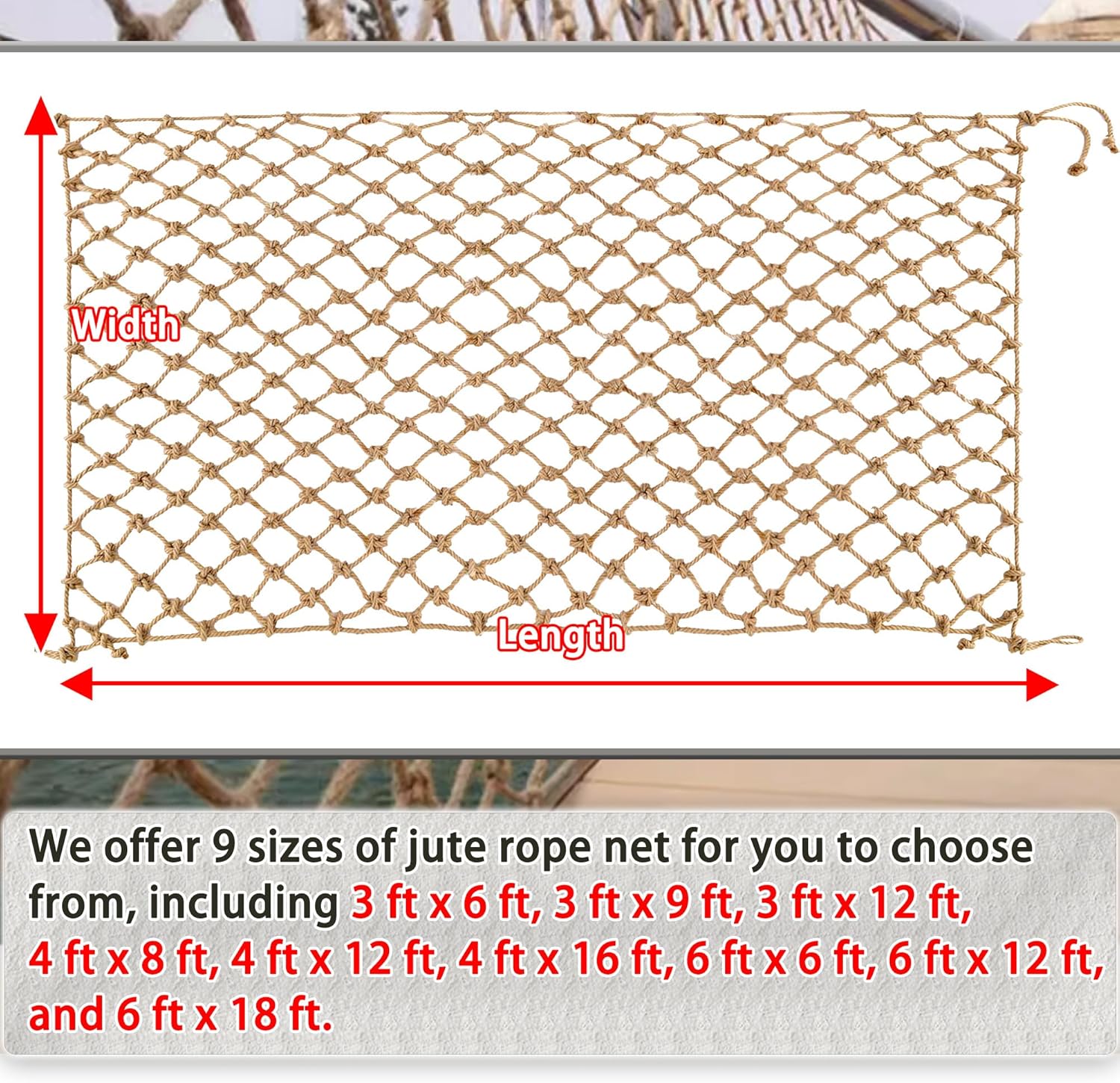 Jute Hemp Rope Nets for Safety and Decoration: Indoor & Outdoor Use, Kids' Climbing, and Versatile Protection (3ft x 9ft)
