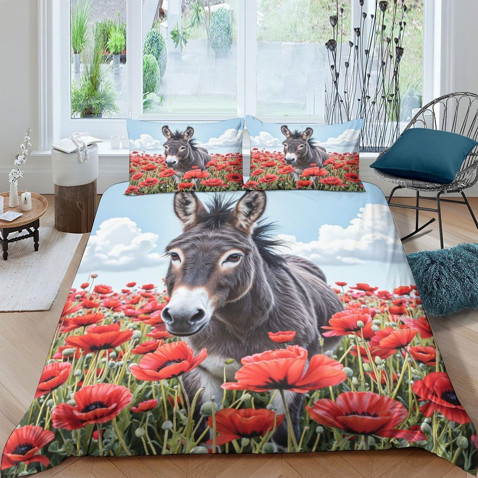 GPLZQXKJNH 3D Printed Donkey in Poppy Field Duvet Cover Microfiber Breathable Bedding Set with 2 Pillowcases for Bedroom Decor Single（135x200cm）