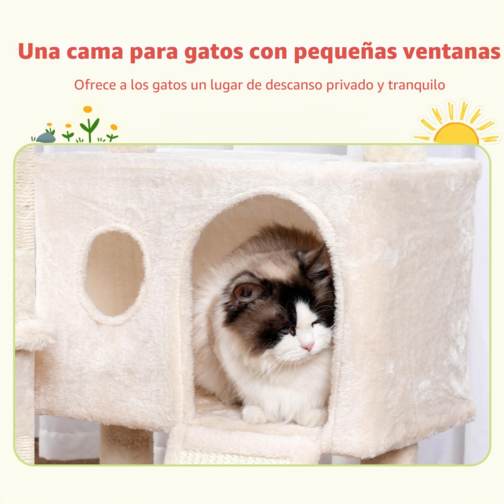 Hey-brother Rascador para Gatos, con Juguetes Extraíbles,Cueva, MPJ008SM | 100cm Árbol Rascador Para Gatos, con Cesta, Plataforma,Rampa Rascadora, para Gatitos de Interior, Beige