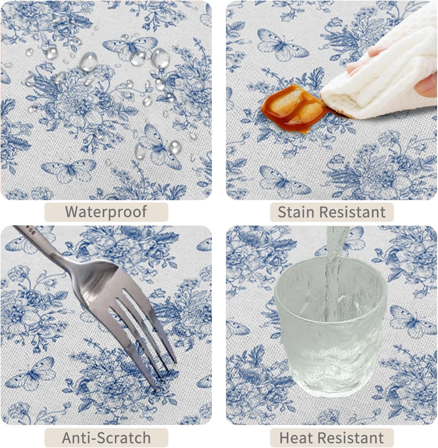 Blue Floral Round Tablecloth 70 Inch Rustic Butterfly Blue White Flowers Decorative Table Cloth Waterproof Stain Resistant Table Cover for Farmhouse Kitchen Dining Patio Picnic Party Decors
