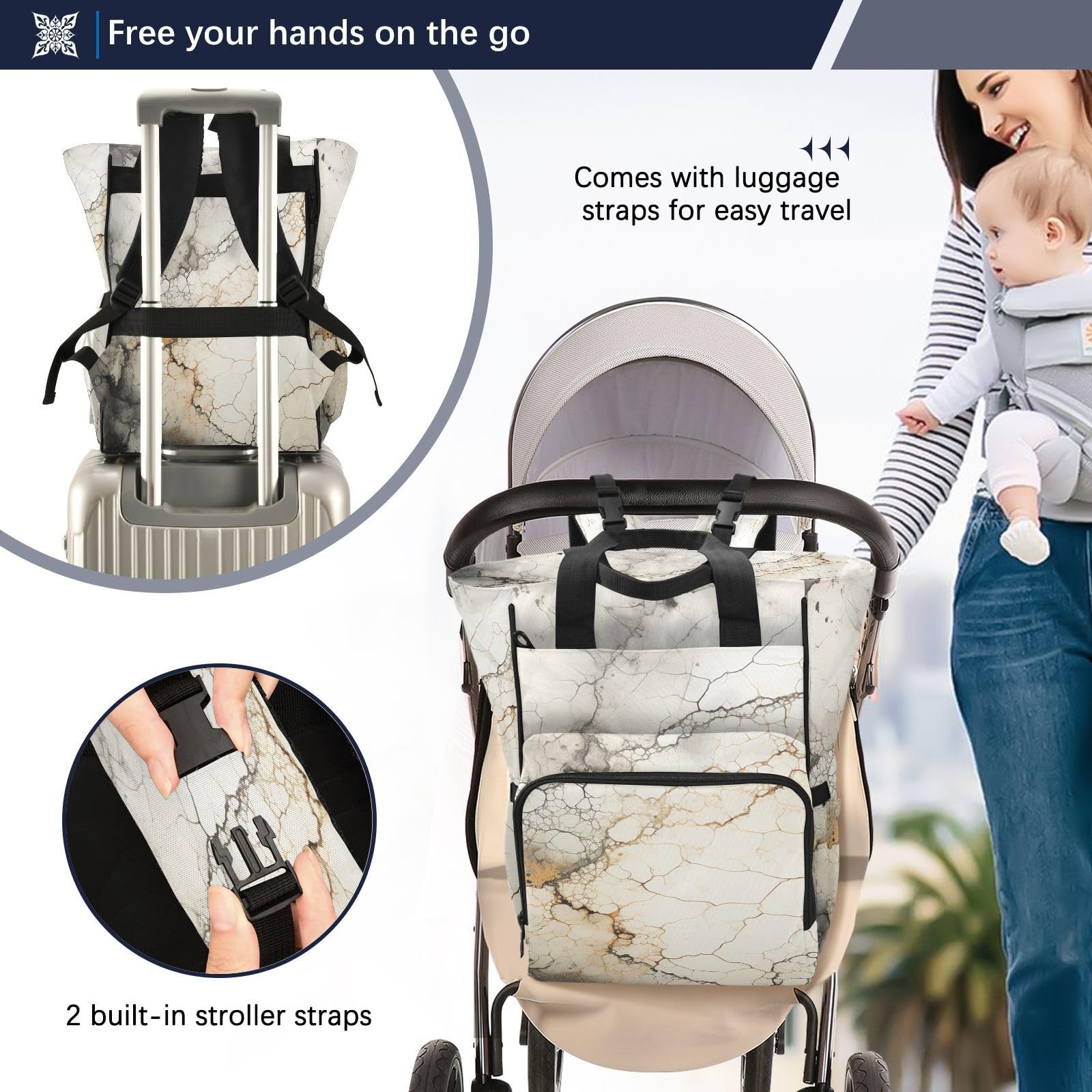 Marmo Bianco Texture Morbida Borsa per Pannolini Zaino Grande Capacità Borsa Mamma per Viaggia All'aperto