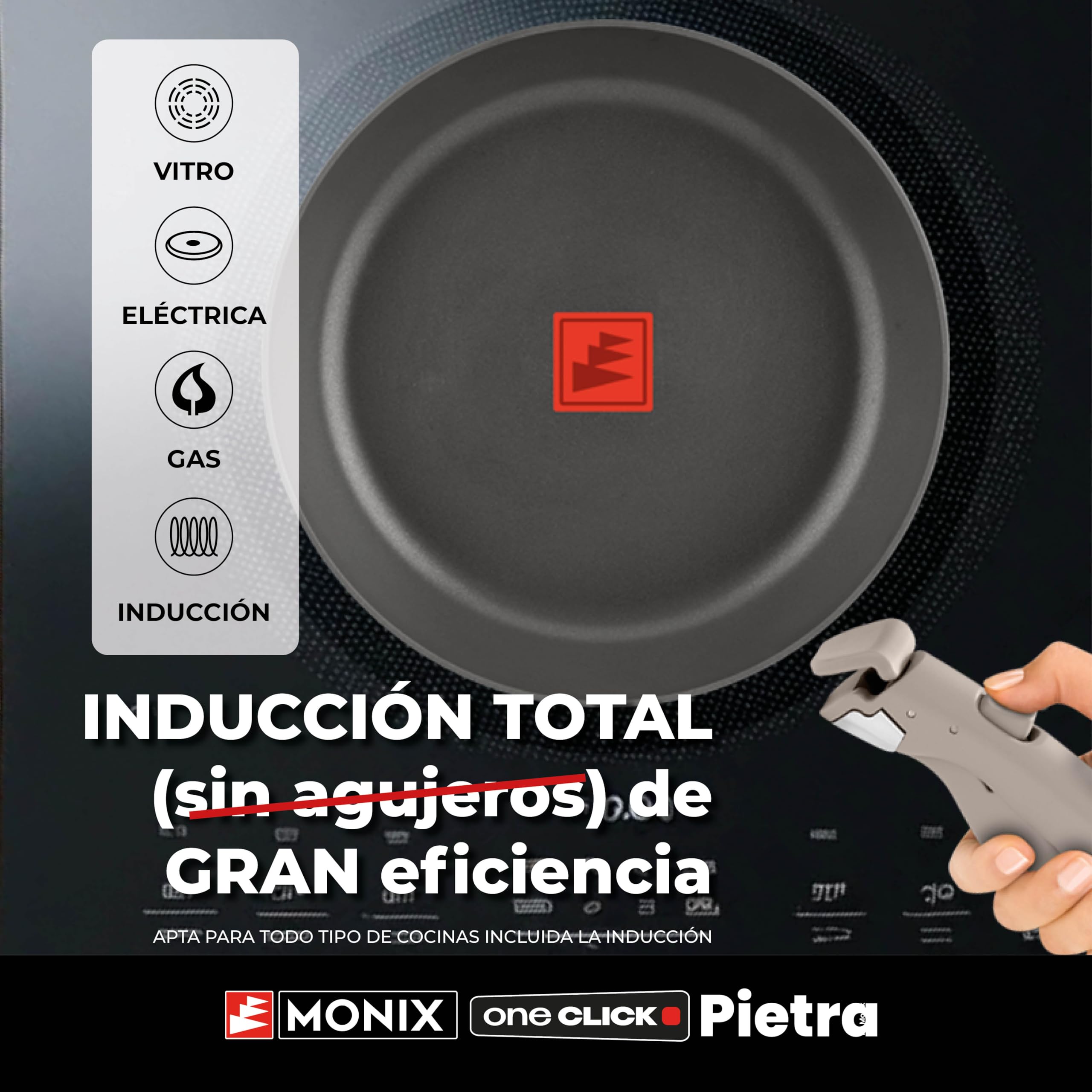 MONIX One Click Pietra | Batería 8 piezas, Aluminio Forjado con Antiadherente, libre de PFOA, Mango Desmontable, Apta para todo tipo de Cocinas, Incluida Inducción, Apilable para ahorro de Espacio