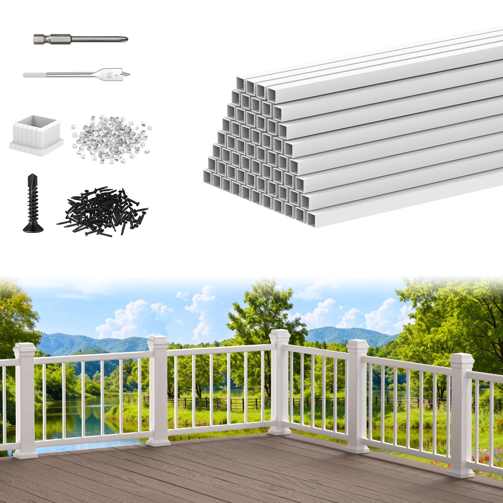 CKE 32" White Square Deck Balusters, 60 Packs White Aluminum Balusters for Wood and Composite Deck Railings with Screws & Balusters Conectors, 3/4"