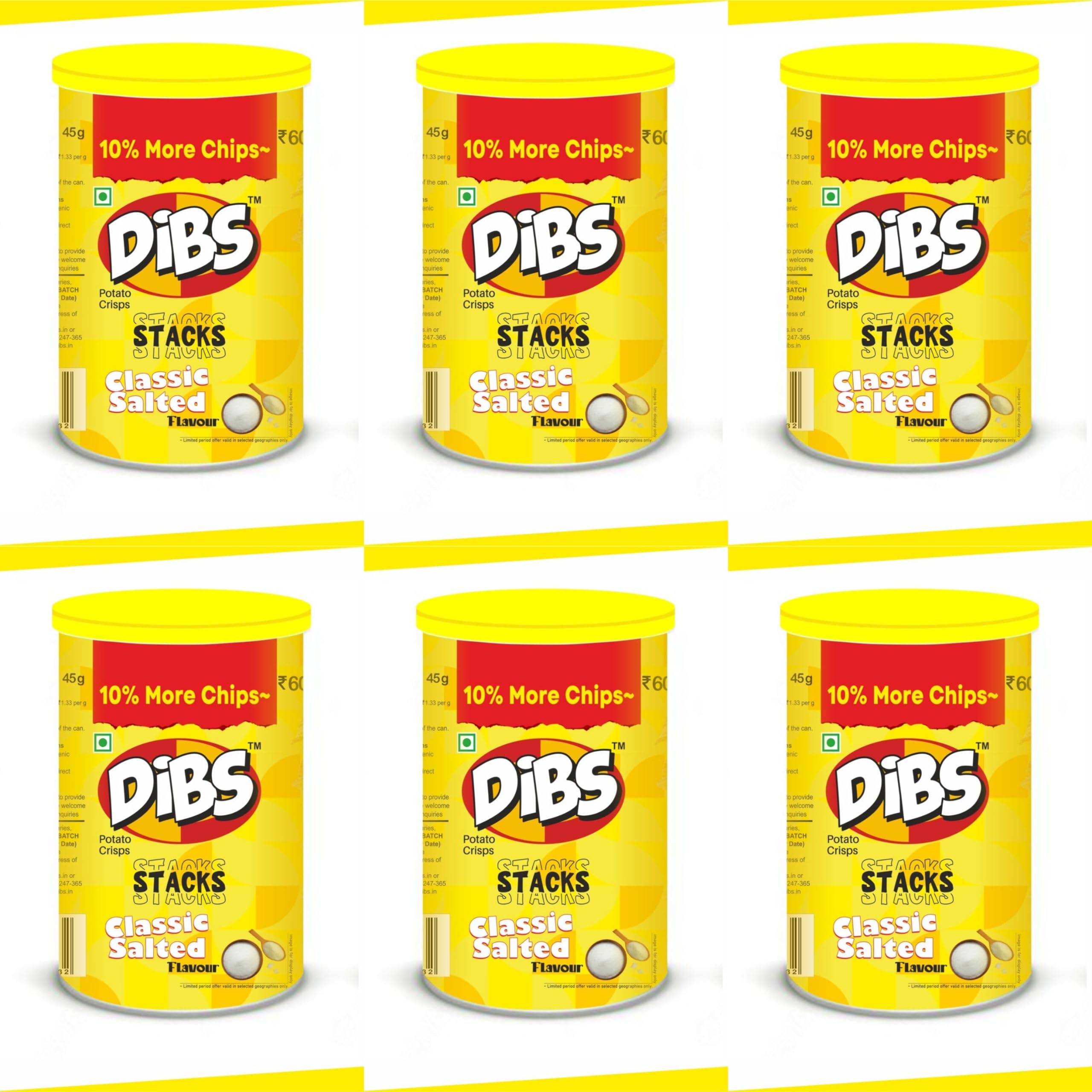 Dibs stacks (Pack of 6, 45 GM Each) Classic Salted Potato Crisps Chips On the Go Adventure, Crunchy Healthy and Tasty Chips, Snacks Chips