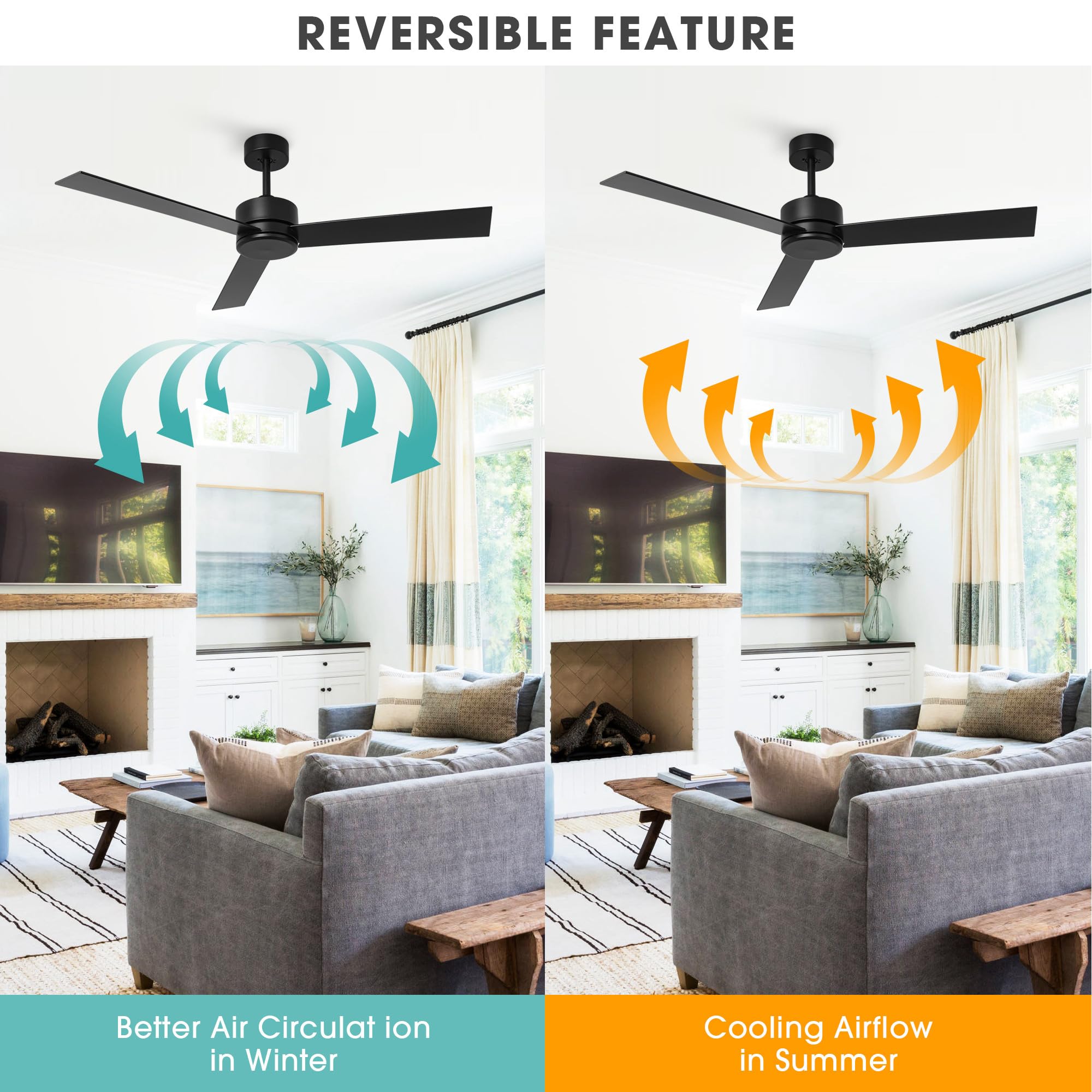 Ceiling Fan without Light, 52 Inch Modern Ceiling Fan No Light with