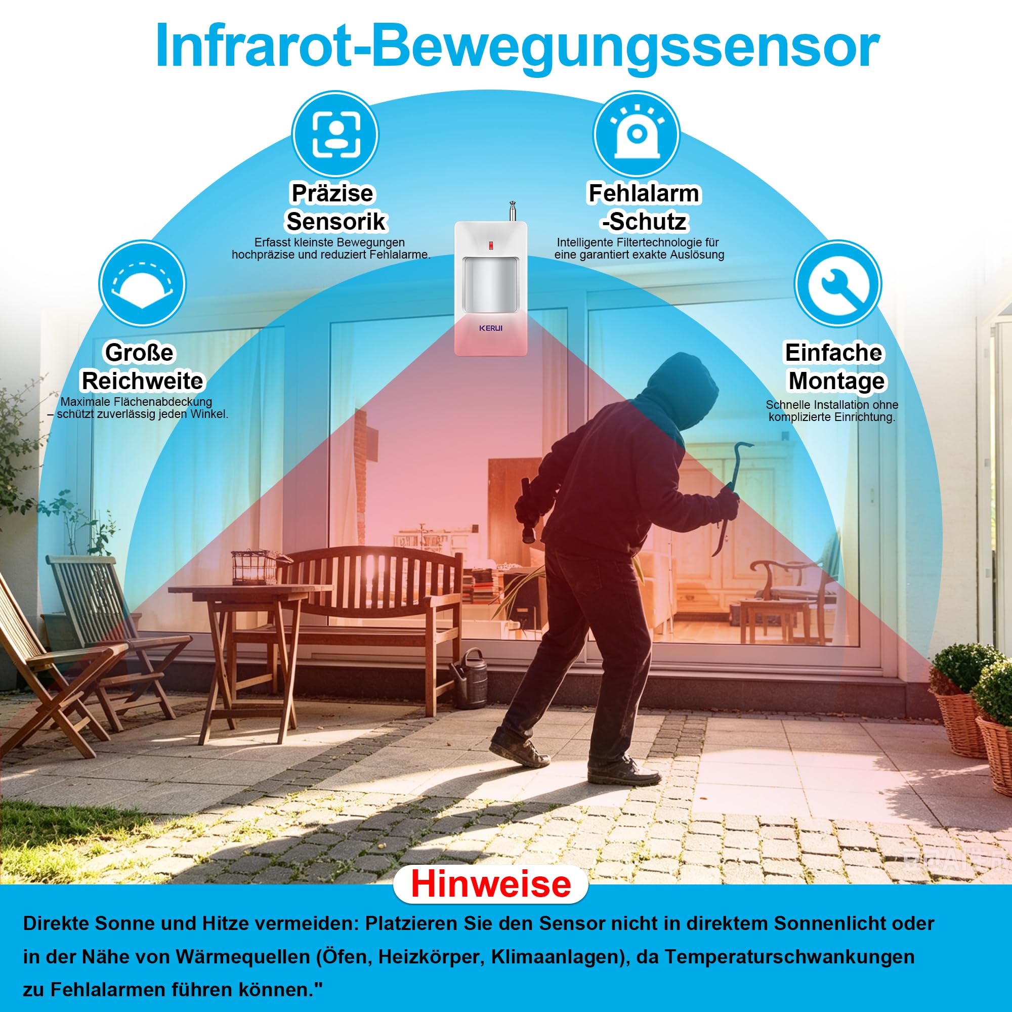 WiFi Alarmanlage, 120 dB Funkalarmsystem für die Haussicherheit mit kostenloser 5*Bewegungsmelder-Sirene und Fernbedienung für Schuppen und Garage