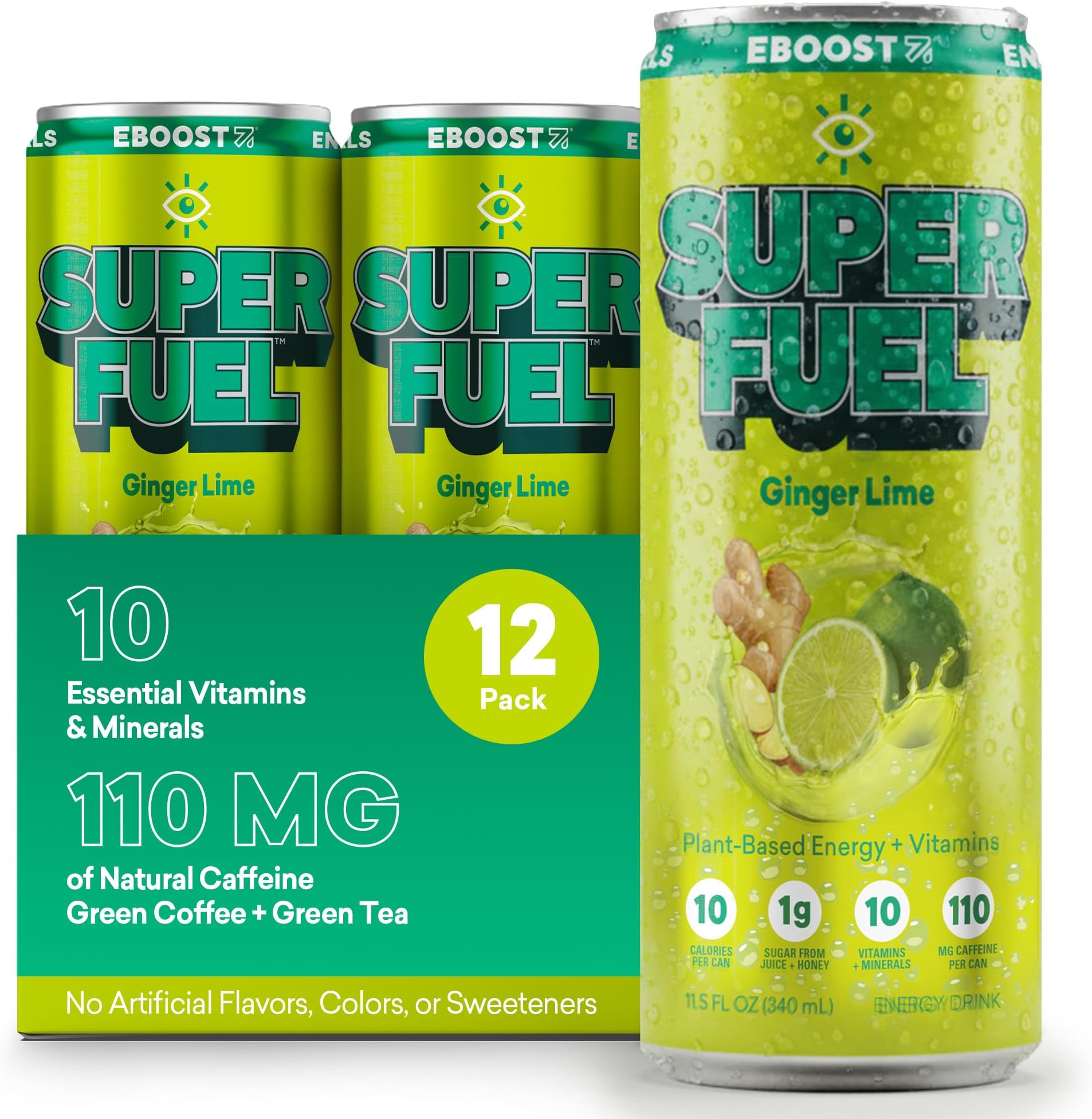 SUPER FUEL Healthy Energy Drink - Ginger Lime: 12 Healthy Energy Drinks - Focus & Productivity - 110 mg Caffeine + Nootropics, & Electrolytes - No Sucralose, Taurine, Artificial Flavors