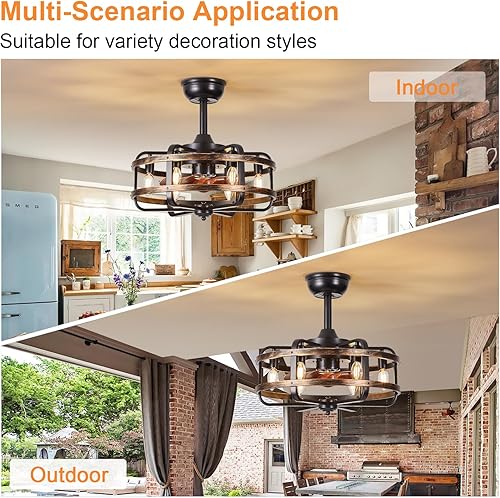 Miniatura 5 de Ventiladores de techo enjaulados con luces, color negro, estilo casa de campo, de 18 pulgadas, montaje empotrado, sin aspas, lámparas rústicas con