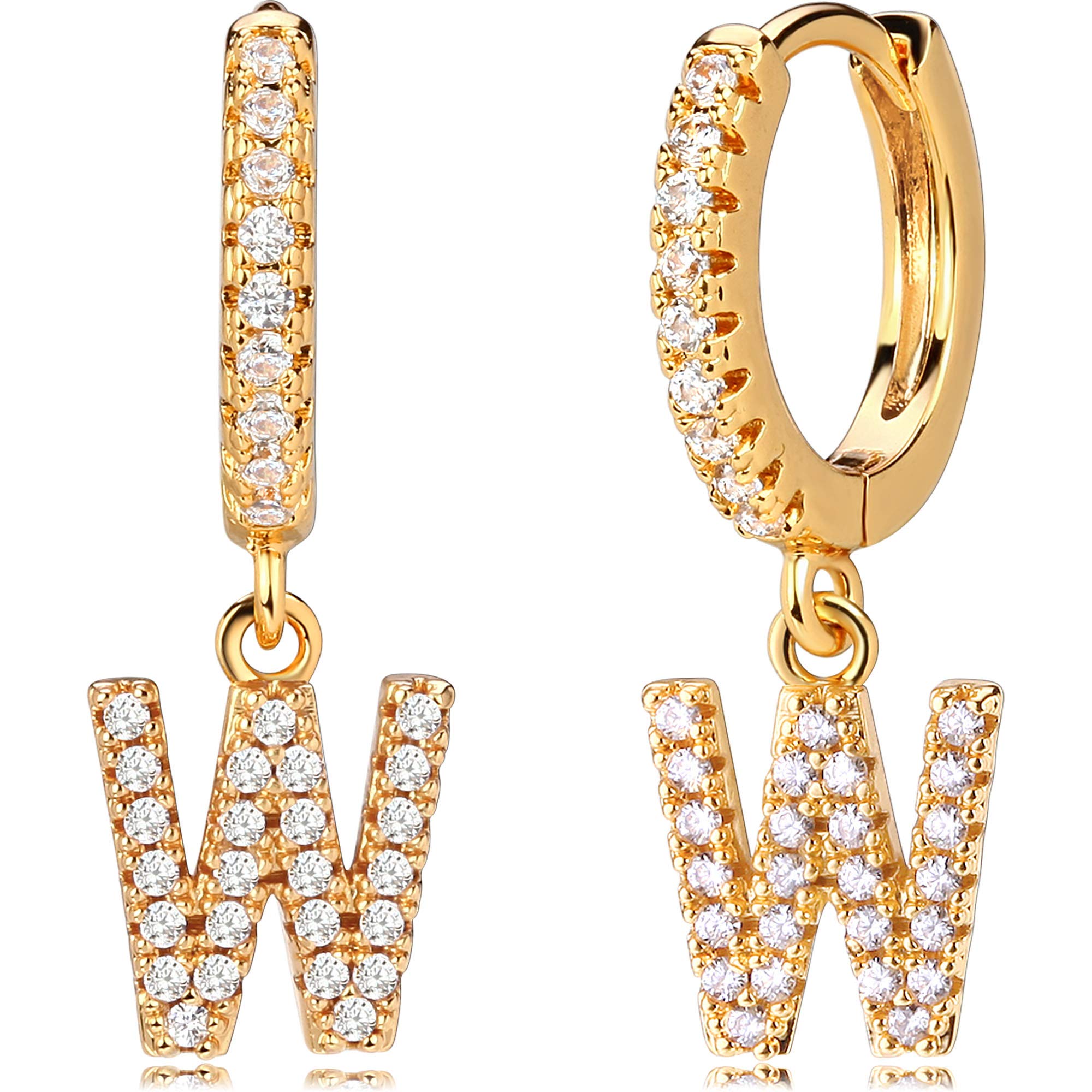 MEVECCO 18K Dainty Gold Filled Pave Cubic Zircon Letter Charm Huggie Hoop Earrings Wear Initials A-Z 26 Letter Charm Earrings Personalized Tiny Dangle Minimalist Initial Jewelry