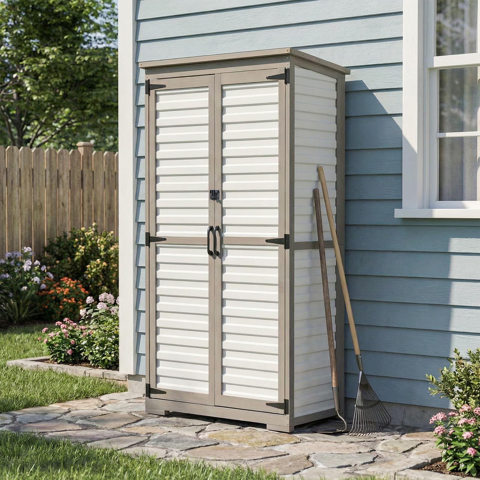 PetsCosset Outdoor Storage Cabinet with Shelves, Wood &amp; Plastic Garden Shed, Weatherproof Outside Tool Cabinet for Patio, Backyard, Pool