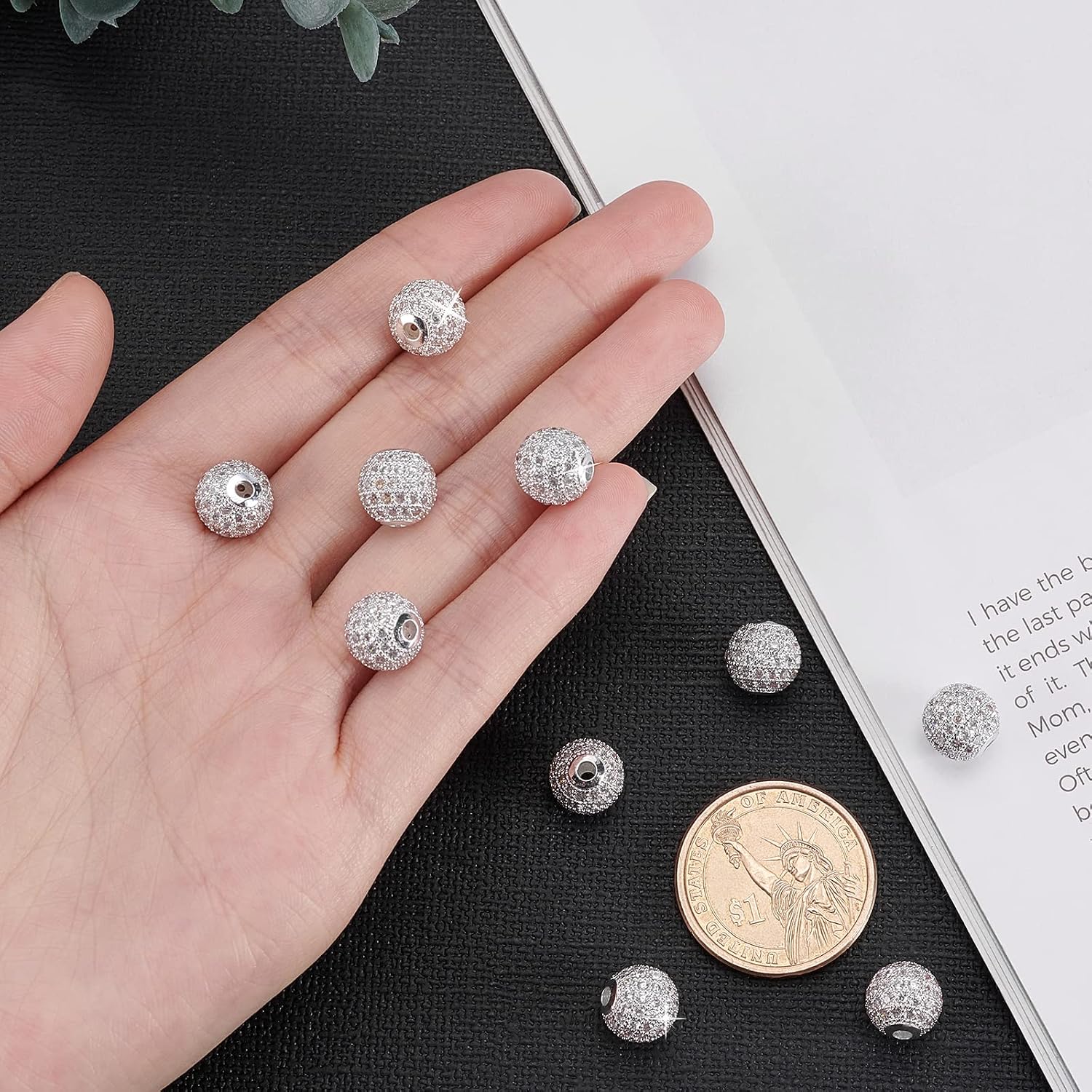 NBEADS 10 Pcs 10mm Platinum Color Brass Cubic Zirconia Beads, Clear CZ Stones Pave Micro Setting Disco Ball Spacer, Round Bracelet Connector Charms for Jewelry Making image 4