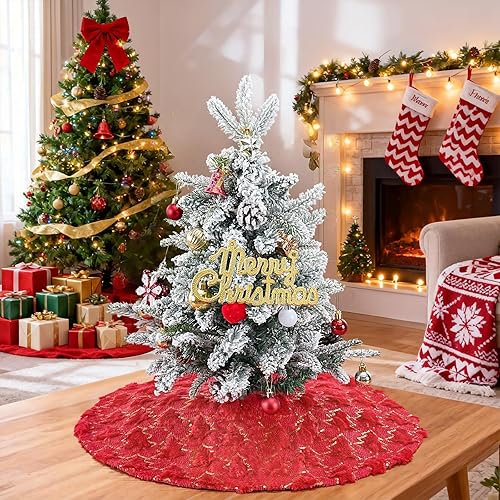 Miniatura 48 de Falda de árbol de Navidad de 48 pulgadas, falda de árbol de piel sintética de lujo con copos de nieve dorados y lentejuelas, alfombrillas grandes