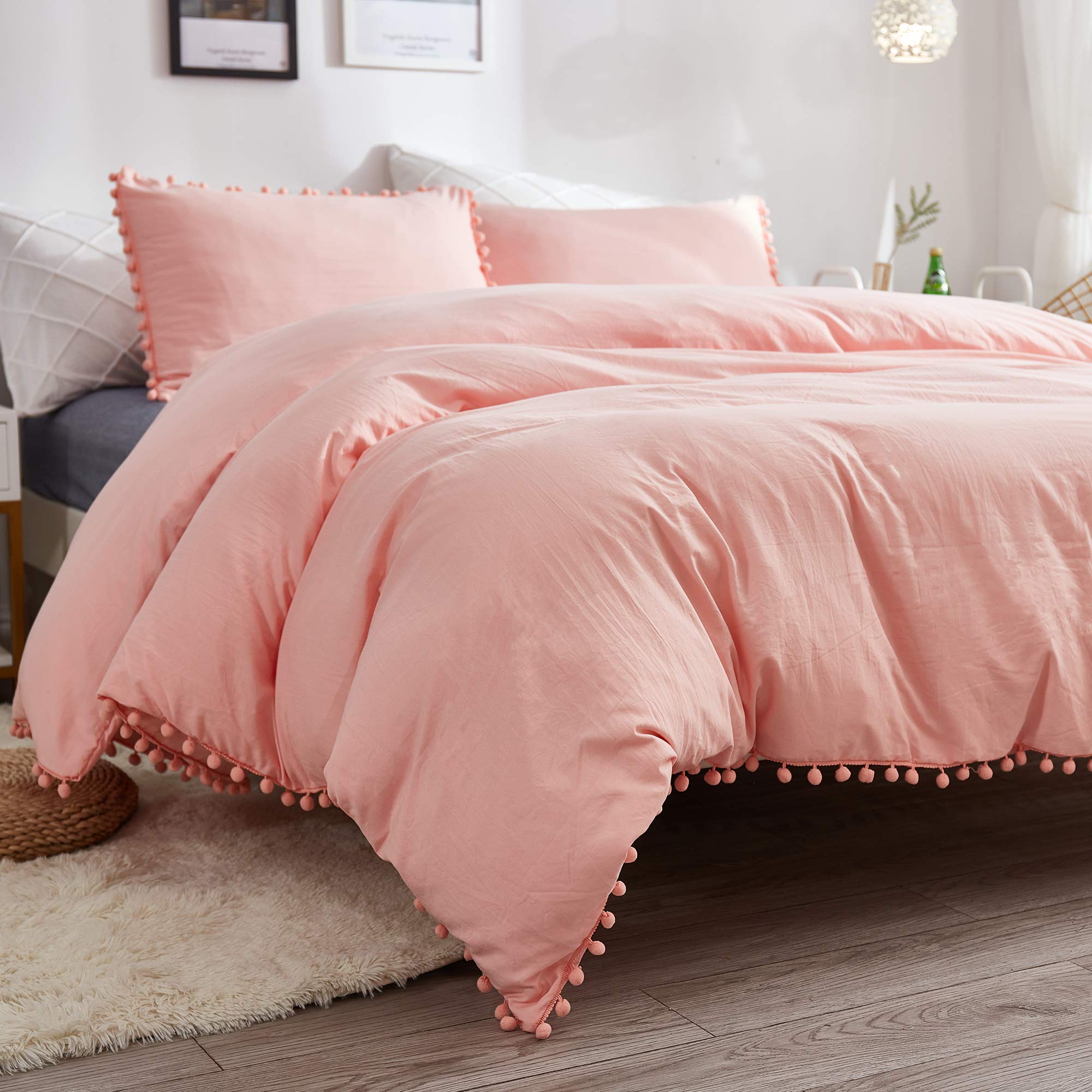 Andency Pom Pom Fringe Duvet Cover King Size (104x90 Inch), 3 Pieces (1 Solid Peach Duvet Cover, 2 Pillowcases) Soft Washed Microfiber Duvet Cover Set with Zipper Closure, Corner Ties