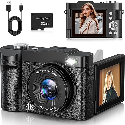 4K Digital Camera 50MP Autofocus Vlogging Camera for YouTube with 2.8" 180° Flip Screen, 16X Digital Zoom Camera with 32GB Card for Beginner Boys Girls