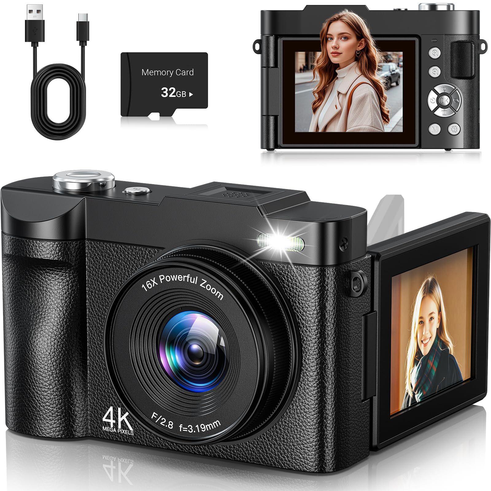 4K Digital Camera 50MP Auto Focus Photo Camera 16X Digital Zoom 2.8'' 180° Flip Screen Camera with Selfie Compact Camera with 32GB Card for Teens, Beginners and Adults