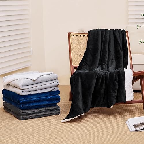 Miniatura 6 de Mantas de forro polar Sherpa tamaño Queen para cama, manta suave y mullida, mantas gruesas y cálidas para todas las estaciones, color negro, 90 x 90