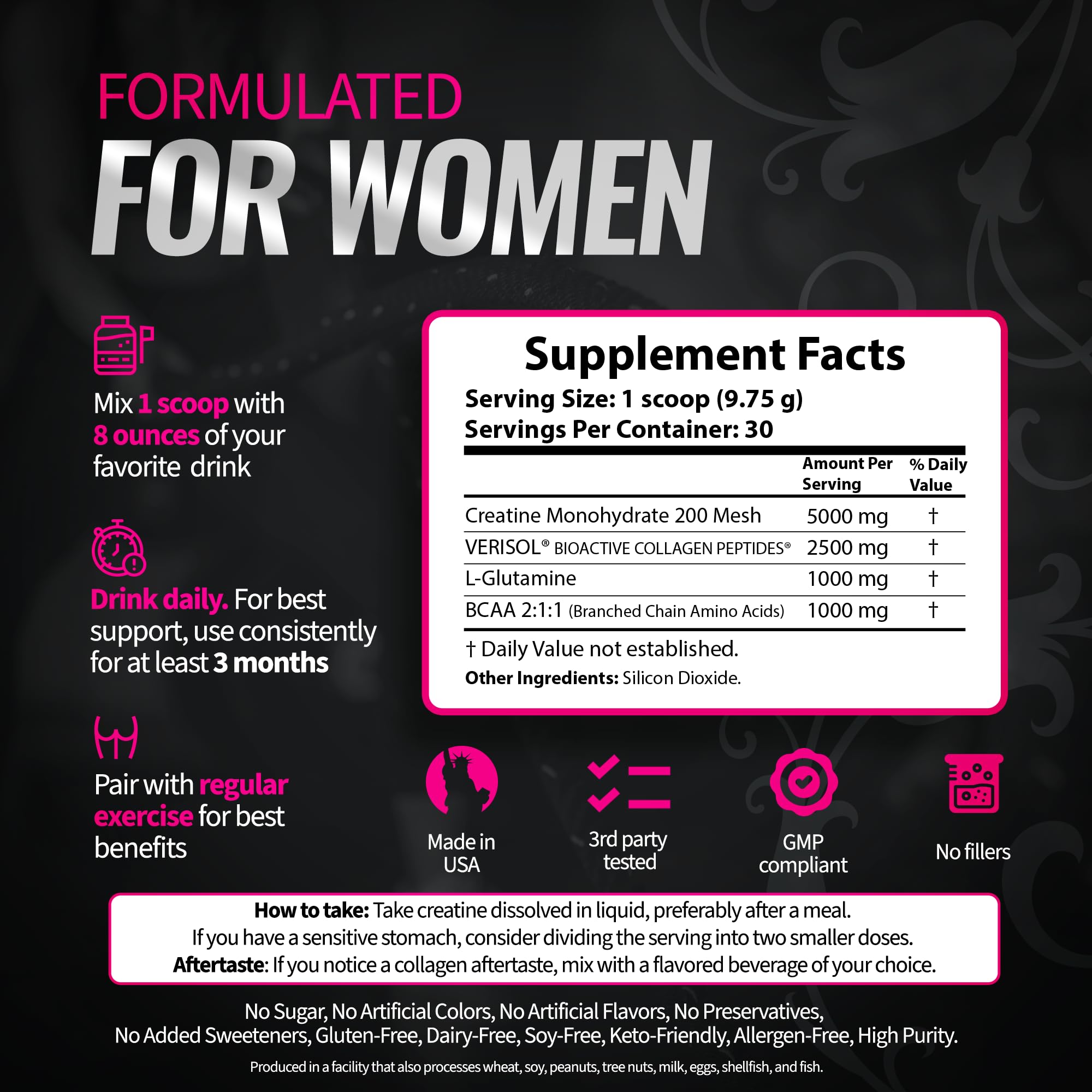 Creatine for Women - Booty Builder Supplement with Collagen & BCAA - Supports Glute Growth & Reduces Cellulite Appearance - Unflavored Powder - 30 Servings